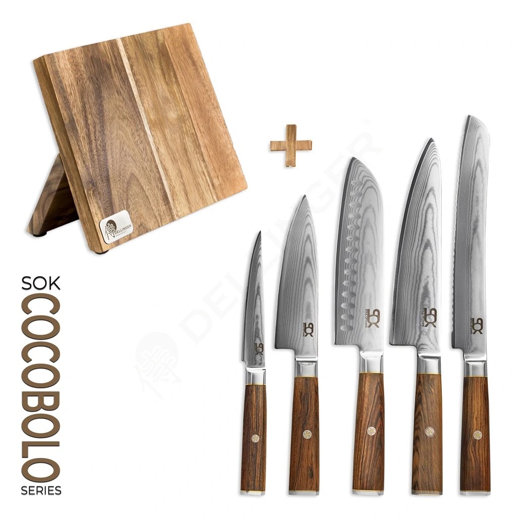 foto sada 5 kuchy�sk�ch no�� SOK Cocobolo White Damascus + magnetick� stoj�nek